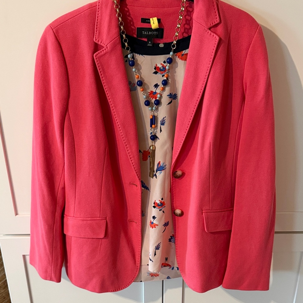 Talbots Coral Pink Tailored Blazer, blouse and necklace